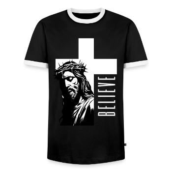 Jesus - Believe: Strong faith design - Men's Ringer Shirt - black/white - Front - AI Model Female 172 light (172cm) & AI Model Male 178 light (178cm)