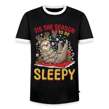 Sloth Christmas Animal Tis the Season to be Sleepy - Men's Ringer Shirt - black/white - Front - AI Model Female 172 light (172cm) & AI Model Male 178 light (178cm)