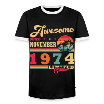 50. Jahrestag – Jahrgang – November 1974 - Männer Kontrast-T-Shirt - Schwarz/Weiß - Vorne - AI Model Female 172 light (172cm) & AI Model Male 178 light (178cm)