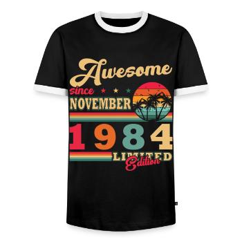Born November 1984 Anniversary November 1984 - Men's Ringer Shirt - black/white - Front - AI Model Female 172 light (172cm) & AI Model Male 178 light (178cm)