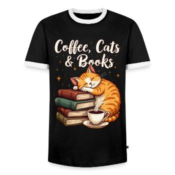 Café, Chat, Livre et lecture, Amateur de café - T-shirt contrasté Homme - noir/blanc - Devant - AI Model Female 172 light (172cm) & AI Model Male 178 light (178cm)
