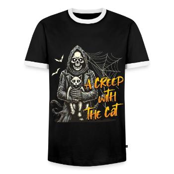 Halloween Cats Design: A Creep With The Cat - Men's Ringer Shirt - black/white - Front - AI Model Female 172 light (172cm) & AI Model Male 178 light (178cm)