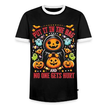 Halloween Party PUT IT IN THE BAG NO ONE GETS HURT - Men's Ringer Shirt - black/white - Front - AI Model Female 172 light (172cm) & AI Model Male 178 light (178cm)