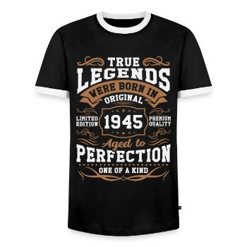 Legends Born in 1945 - Men's Ringer Shirt - black/white - Front - AI Model Female 172 light (172cm) & AI Model Male 178 light (178cm)