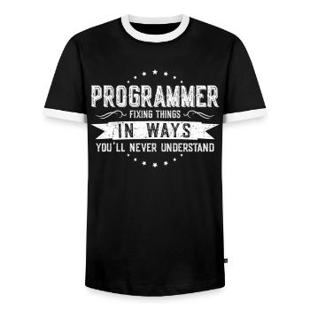 Programmer Colleagues Gift Profession Saying - Men's Ringer Shirt - black/white - Front - AI Model Female 172 light (172cm) & AI Model Male 178 light (178cm)