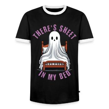 Funny Halloween Saying: There's Sheet In My Bed - Men's Ringer Shirt - black/white - Front - AI Model Female 172 light (172cm) & AI Model Male 178 light (178cm)