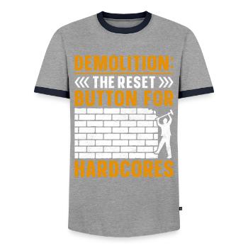 Funny House Demolition Day Bouton de réinitialisation de la démolition - T-shirt contrasté Homme - gris/marine  - Devant - AI Model Female 172 light (172cm) & AI Model Male 178 light (178cm)