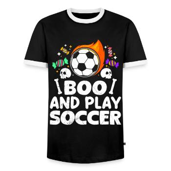 Halloween Soccer Player BOO AND PLAY SOCCER - Men's Ringer Shirt - black/white - Front - AI Model Female 172 light (172cm) & AI Model Male 178 light (178cm)
