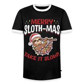 Sloth Christmas Animal Merry Slothmas take it slow - Men's Ringer Shirt - black/white - Front - AI Model Female 172 light (172cm) & AI Model Male 178 light (178cm)