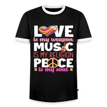 Love is my weapon, music is my religion, - Men's Ringer Shirt - black/white - Front - AI Model Female 172 light (172cm) & AI Model Male 178 light (178cm)