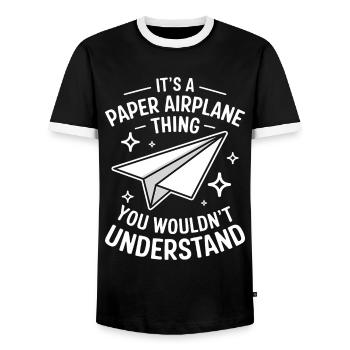 Avion en papier disant blague Avion en papier cadeau - T-shirt contrasté Homme - noir/blanc - Devant - AI Model Female 172 light (172cm) & AI Model Male 178 light (178cm)
