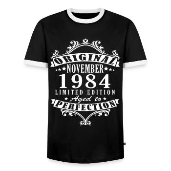 Born November 1984 Anniversary November 1984 - Men's Ringer Shirt - black/white - Front - AI Model Female 172 light (172cm) & AI Model Male 178 light (178cm)