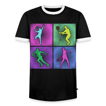 Funny Tennis Player Racket 80s 90 - Männer Kontrast-T-Shirt - Schwarz/Weiß - Vorne - AI Model Female 172 light (172cm) & AI Model Male 178 light (178cm)