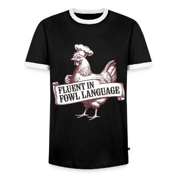 Funny Chicken Saying - Men's Ringer Shirt - black/white - Front - AI Model Female 172 light (172cm) & AI Model Male 178 light (178cm)