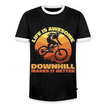 Life Is Awesome – Downhill Makes It Better - Men's Ringer Shirt - black/white - Front - AI Model Female 172 light (172cm) & AI Model Male 178 light (178cm)