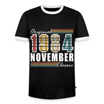 Born November 1984 Anniversary November 1984 - Men's Ringer Shirt - black/white - Front - AI Model Female 172 light (172cm) & AI Model Male 178 light (178cm)