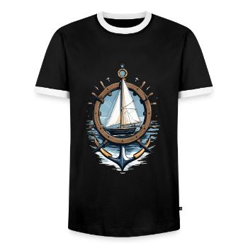 Captain Steering Wheel Anchor Sailboat Adventure - Men's Ringer Shirt - black/white - Front - AI Model Female 172 light (172cm) & AI Model Male 178 light (178cm)