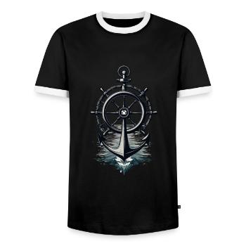 Captain Steering Wheel Anchor Sailboat Adventure - Men's Ringer Shirt - black/white - Front - AI Model Female 172 light (172cm) & AI Model Male 178 light (178cm)