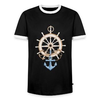 Captain Steering Wheel Anchor Sailboat Adventure - Men's Ringer Shirt - black/white - Front - AI Model Female 172 light (172cm) & AI Model Male 178 light (178cm)