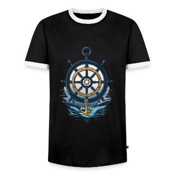Captain Steering Wheel and Anchor Adventure - Men's Ringer Shirt - black/white - Front - AI Model Female 172 light (172cm) & AI Model Male 178 light (178cm)