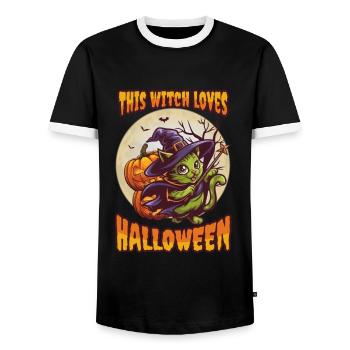 Cute Witch Cat Halloween Outfit Women - Men's Ringer Shirt - black/white - Front - AI Model Female 172 light (172cm) & AI Model Male 178 light (178cm)