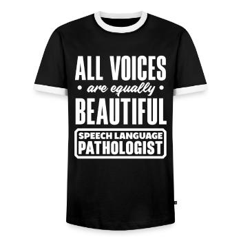 All Voices Are Equally Beautiful Speech Therapist - Men's Ringer Shirt - black/white - Front - AI Model Female 172 light (172cm) & AI Model Male 178 light (178cm)