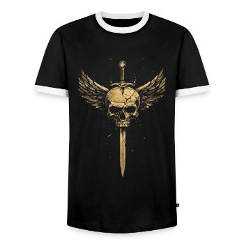 Skull with Wings for Bikers – Sword Design - Men's Ringer Shirt - black/white - Front - AI Model Female 172 light (172cm) & AI Model Male 178 light (178cm)