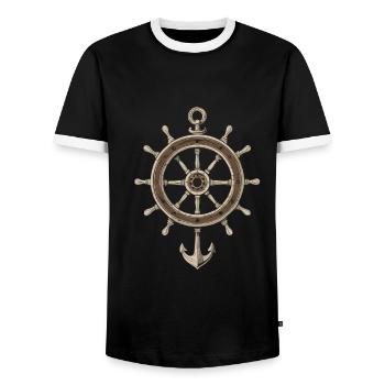 Nautical steering wheel with anchor - Men's Ringer Shirt - black/white - Front - AI Model Female 172 light (172cm) & AI Model Male 178 light (178cm)