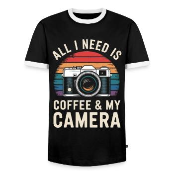 All I need is coffee & my camera - Men's Ringer Shirt - black/white - Front - AI Model Female 172 light (172cm) & AI Model Male 178 light (178cm)