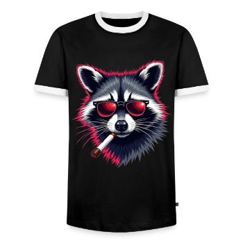 Raccoon with sunglasses animal motif smoking - Men's Ringer Shirt - black/white - Front - AI Model Female 172 light (172cm) & AI Model Male 178 light (178cm)