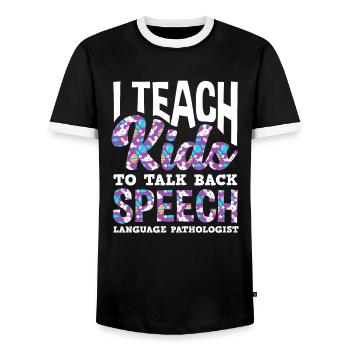 I teach children to talk back - Men's Ringer Shirt - black/white - Front - AI Model Female 172 light (172cm) & AI Model Male 178 light (178cm)