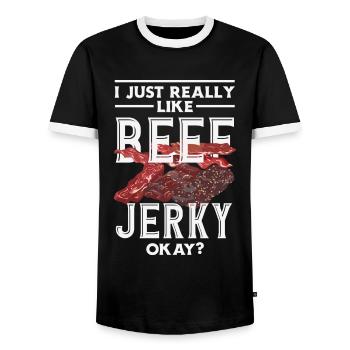 Beef Jerky Dealer Beef Jerky Costume - Men's Ringer Shirt - black/white - Front - AI Model Female 172 light (172cm) & AI Model Male 178 light (178cm)