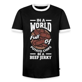Beef Jerky Dealer Beef Jerky Costume - Men's Ringer Shirt - black/white - Front - AI Model Female 172 light (172cm) & AI Model Male 178 light (178cm)