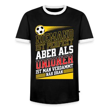 Personne n’est parfait, mais en tant qu’Unionien, il est proche - T-shirt contrasté Homme - noir/blanc - Devant - AI Model Female 172 light (172cm) & AI Model Male 178 light (178cm)