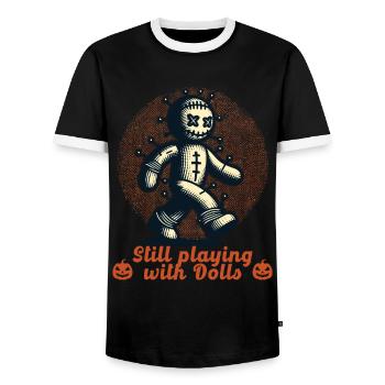Voodoo Doll Creepy Party Design - Men's Ringer Shirt - black/white - Front - AI Model Female 172 light (172cm) & AI Model Male 178 light (178cm)