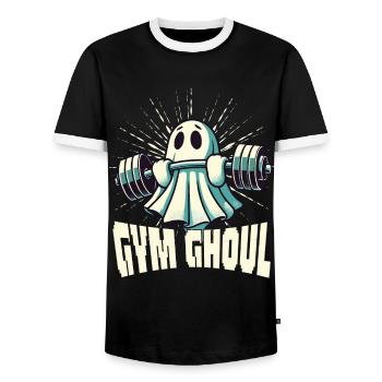 Gym Ghoul Creepy Fitness Ghost - Men's Ringer Shirt - black/white - Front - AI Model Female 172 light (172cm) & AI Model Male 178 light (178cm)
