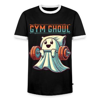 Gym Ghoul Funny Fitness Ghost Illustration - Men's Ringer Shirt - black/white - Front - AI Model Female 172 light (172cm) & AI Model Male 178 light (178cm)