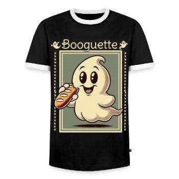 Ghost Booguette for Baguette Lovers - Men's Ringer Shirt - black/white - Front - AI Model Female 172 light (172cm) & AI Model Male 178 light (178cm)