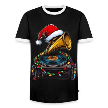 Gramophone Vintage Vinyl Turntable Christmas - Men's Ringer Shirt - black/white - Front - AI Model Female 172 light (172cm) & AI Model Male 178 light (178cm)