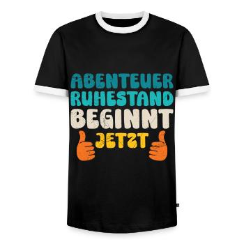 Rente ABENTEUER RUHESTAND BEGINNT JETZT Lustiges - Männer Kontrast-T-Shirt - Schwarz/Weiß - Vorne - AI Model Female 172 light (172cm) & AI Model Male 178 light (178cm)