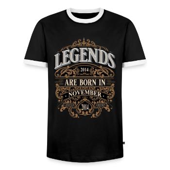 2014 November Born Birthday Year of birth - Men's Ringer Shirt - black/white - Front - AI Model Female 172 light (172cm) & AI Model Male 178 light (178cm)