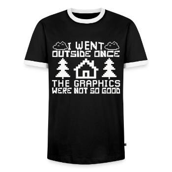 Once Been Outside – Gamer Humor Saying - Men's Ringer Shirt - black/white - Front - AI Model Female 172 light (172cm) & AI Model Male 178 light (178cm)
