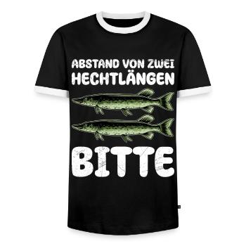 Hecht Angeln ABSTAND VON ZWEI HECHTLÄNGEN BITTE - Männer Kontrast-T-Shirt - Schwarz/Weiß - Vorne - AI Model Female 172 light (172cm) & AI Model Male 178 light (178cm)