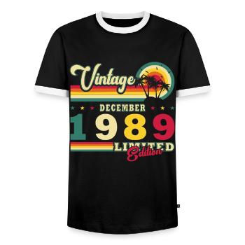 December 1989 Birthday December 1989 December - Men's Ringer Shirt - black/white - Front - AI Model Female 172 light (172cm) & AI Model Male 178 light (178cm)