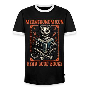 Meowcronomicon Read Good Books - Men's Ringer Shirt - black/white - Front - AI Model Female 172 light (172cm) & AI Model Male 178 light (178cm)