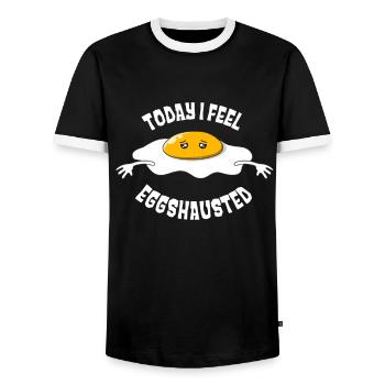 Exhausted Egg Today Funny Pun Humor - Men's Ringer Shirt - black/white - Front - AI Model Female 172 light (172cm) & AI Model Male 178 light (178cm)