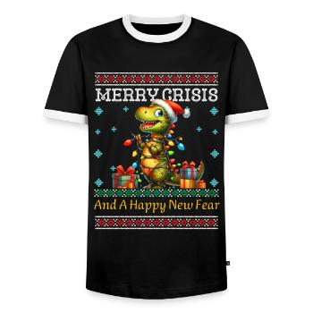 Dino Weihnachten Merry Crisis Ugly Christmas - Männer Kontrast-T-Shirt - Schwarz/Weiß - Vorne - AI Model Female 172 light (172cm) & AI Model Male 178 light (178cm)