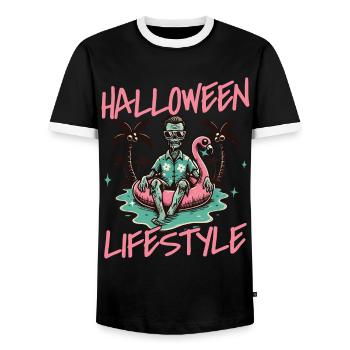 Halloween Lifestyle Cool Zombie Pool Party - Men's Ringer Shirt - black/white - Front - AI Model Female 172 light (172cm) & AI Model Male 178 light (178cm)