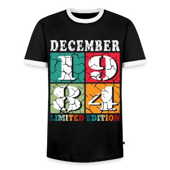 Décembre 1984 anniversaire Décembre 1984 Décembre - T-shirt contrasté Homme - noir/blanc - Devant - AI Model Female 172 light (172cm) & AI Model Male 178 light (178cm)