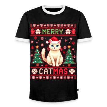 Merry Catmas – Lustige Katze im Rentierkostüm - Männer Kontrast-T-Shirt - Schwarz/Weiß - Vorne - AI Model Female 172 light (172cm) & AI Model Male 178 light (178cm)